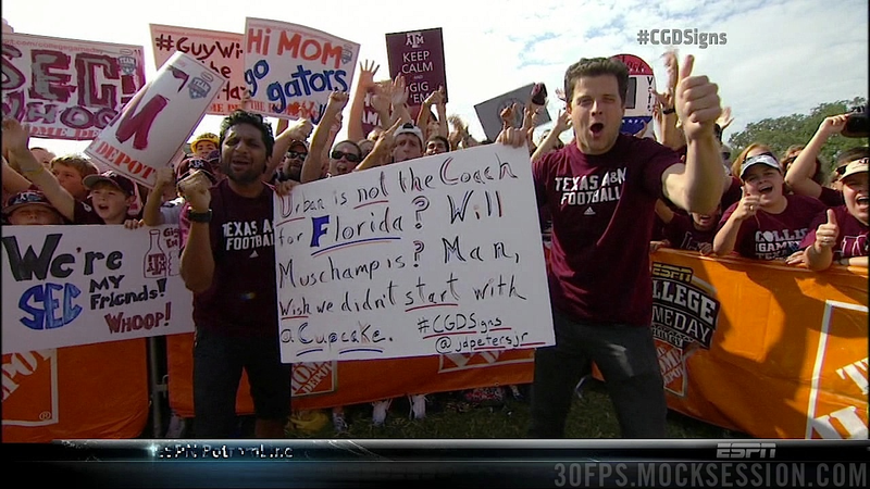 Illustration for article titled "Muschamp Takes Bubble Baths": Your Roundup Of The Best Signs Behind The College Gameday Crew